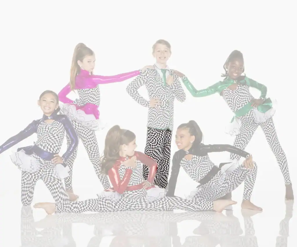 Six young dancers pose in colorful checkerboard costumes.