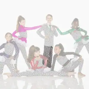 Six young dancers pose in colorful checkerboard costumes.