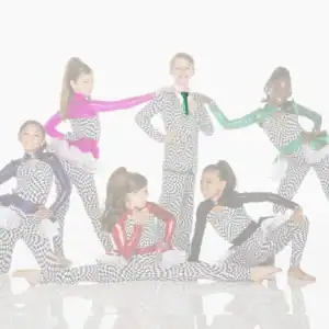 Six young dancers pose in colorful checkered costumes.