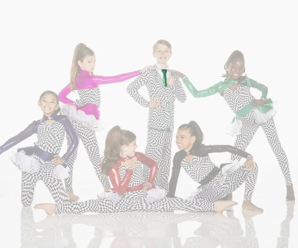 Children posing in colorful checkerboard dance costumes