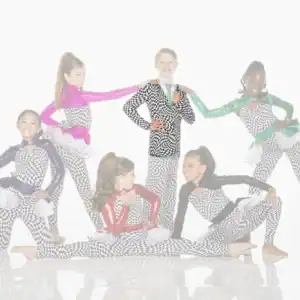 Six young dancers in colorful checkered costumes posing together