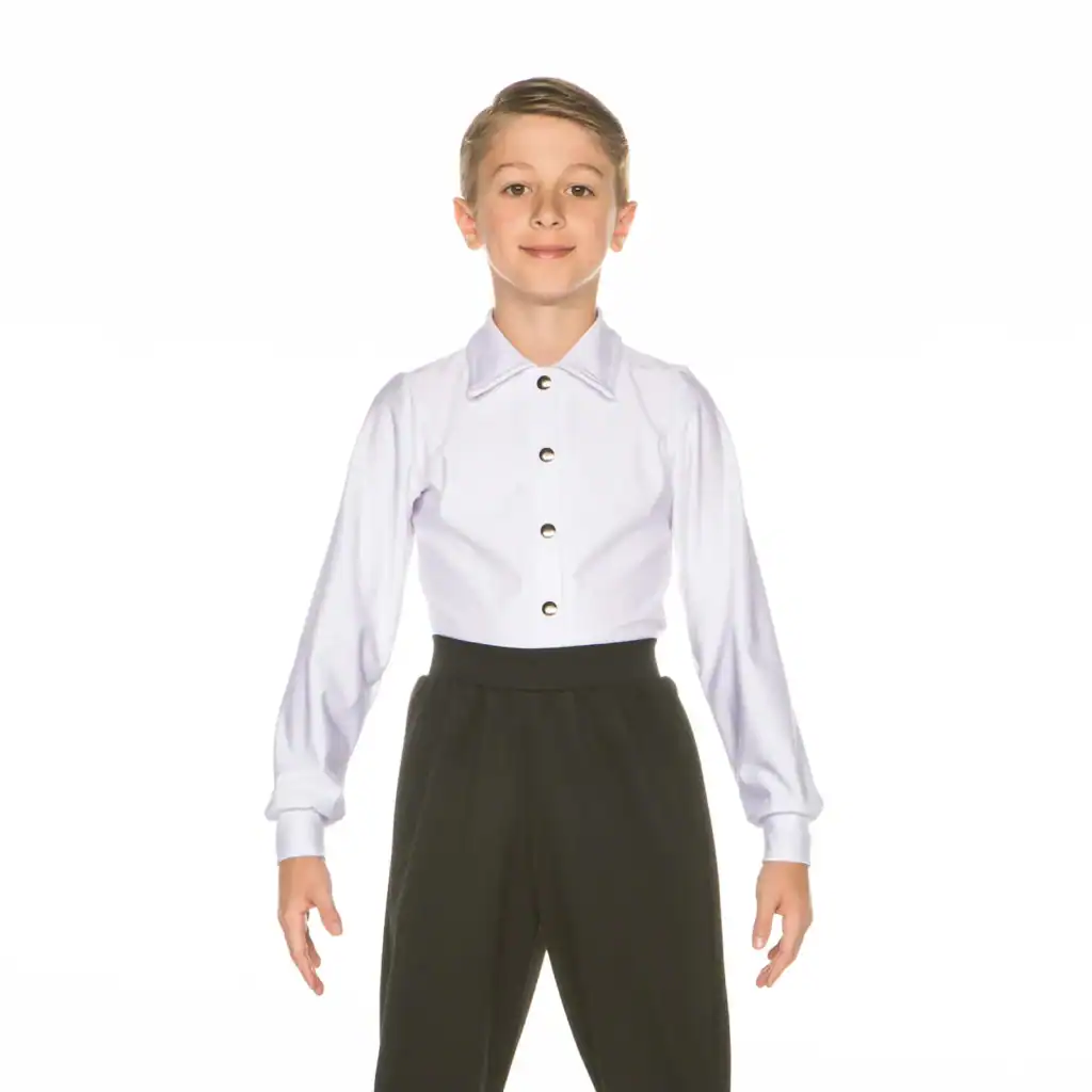 Boy wearing white button-up shirt and black pants