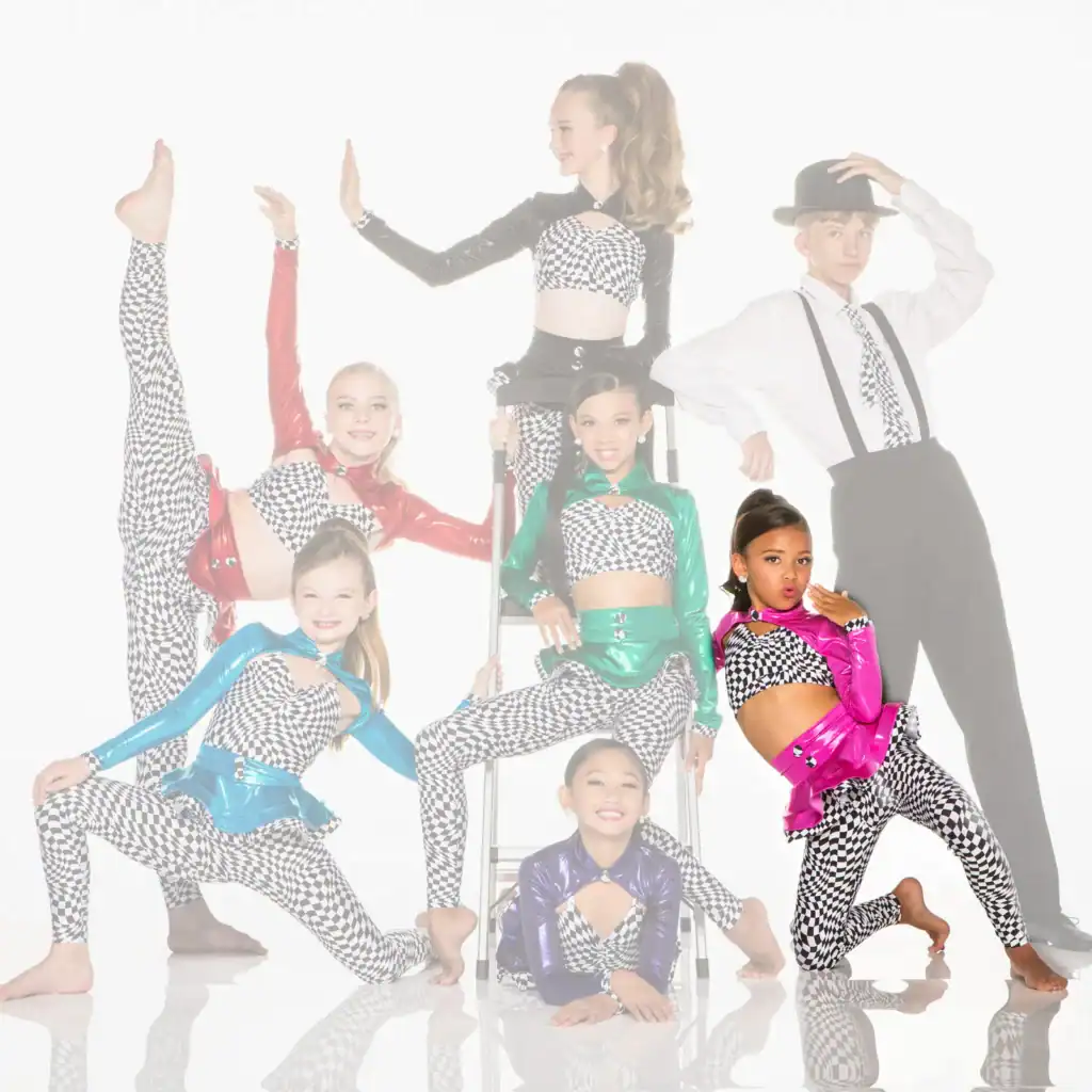 Youth dance team posing in colorful checkered costumes