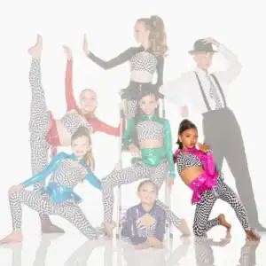 Youth dance team posing in colorful checkered costumes
