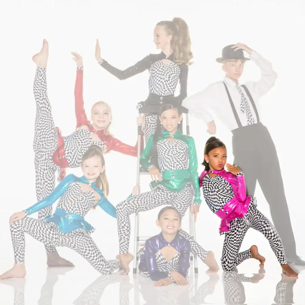 Youth dance team in colorful checkered costumes posing together