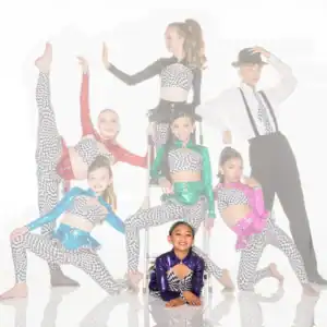Youth dance team posing in colorful checkered costumes