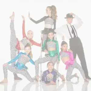 Young dance troupe posing in colorful checkered costumes