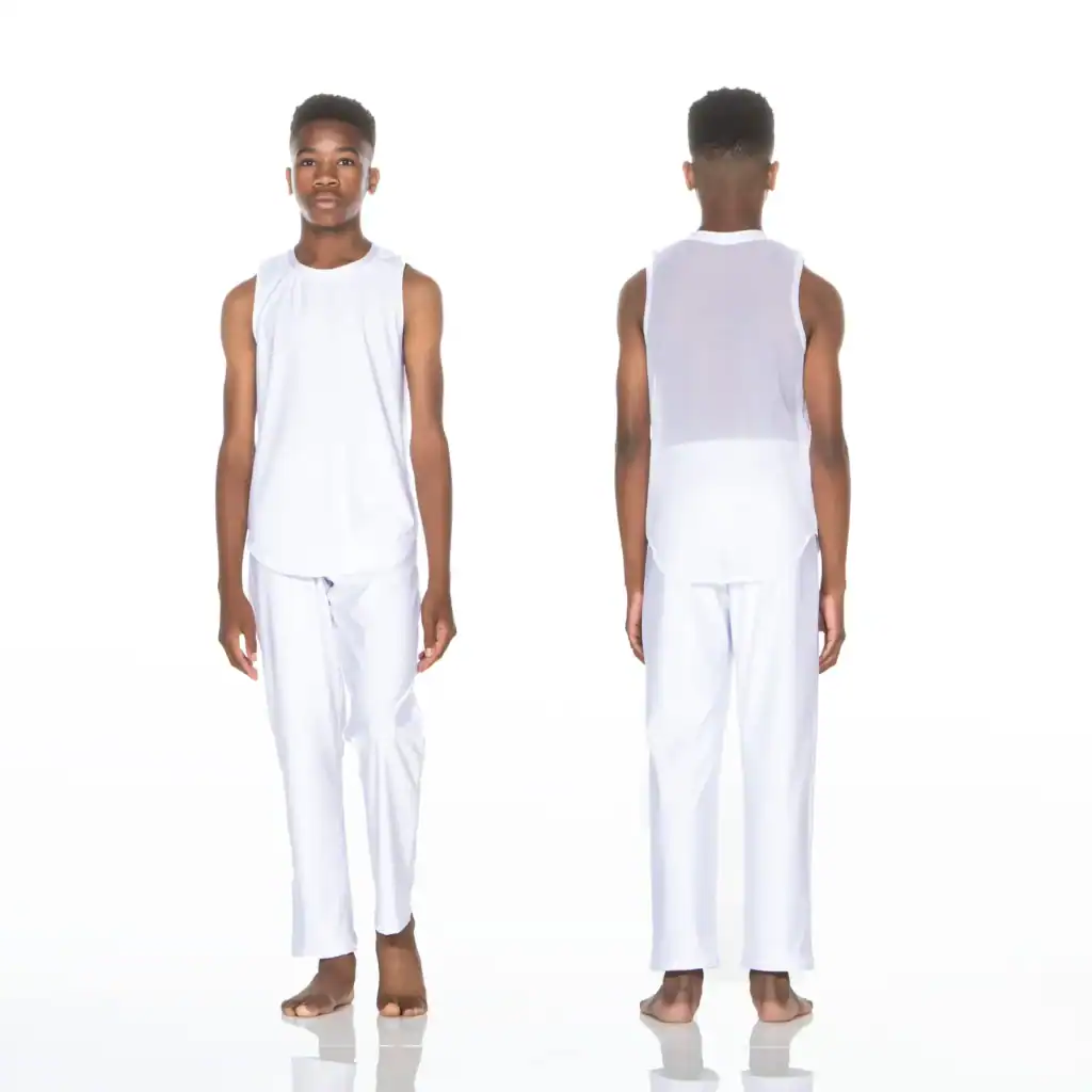 Front and back views of model in white sleeveless outfit