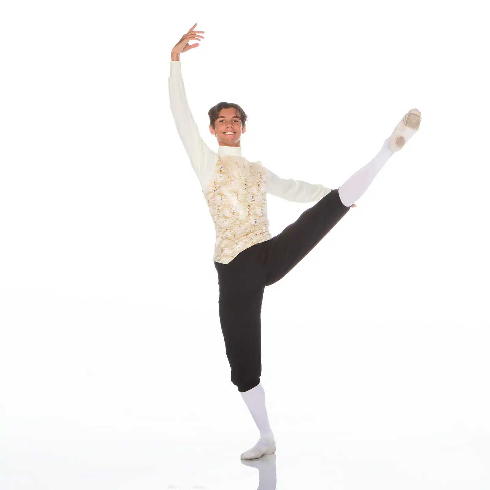 Male ballet dancer performing high leg extension in costume