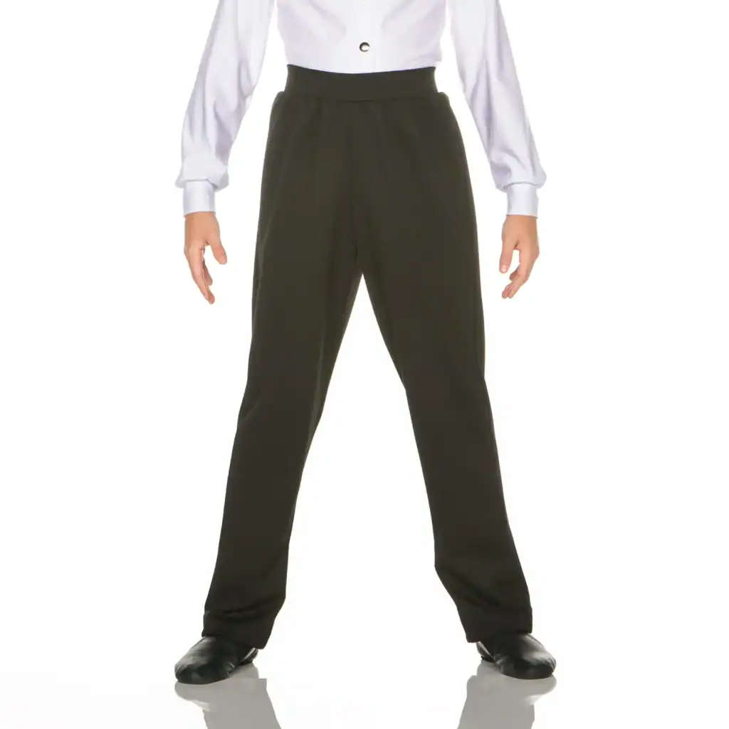 Model wearing black high-waisted dress pants and white blouse
