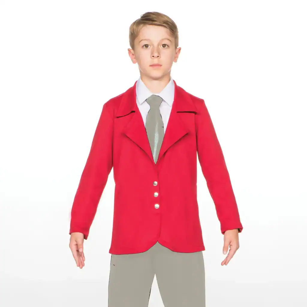 Boy wearing a red blazer and gray tie