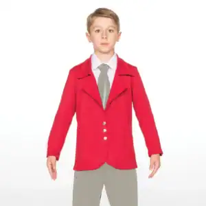 Boy wearing red blazer, white shirt, and gray tie