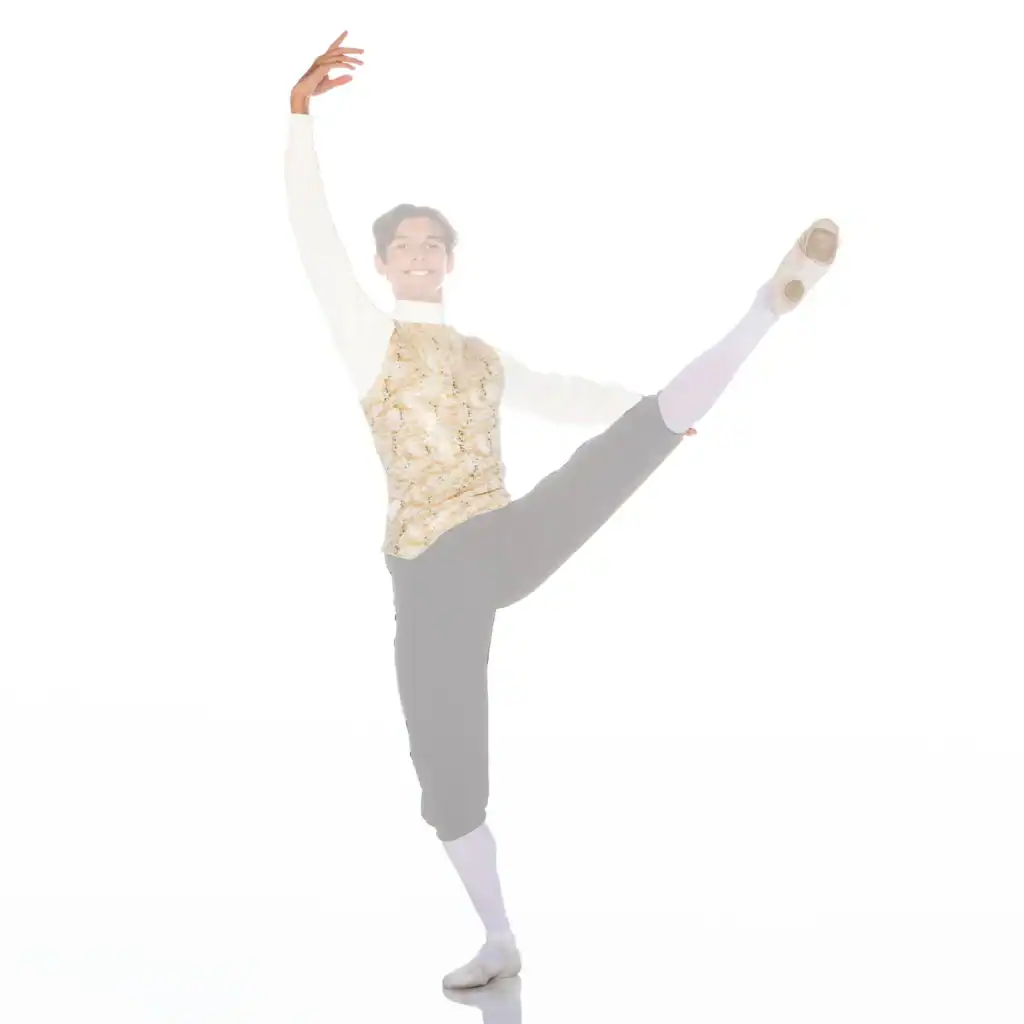 Male ballet dancer performing a high leg extension