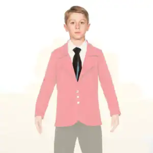 Boy wearing pink blazer, white shirt, and black tie