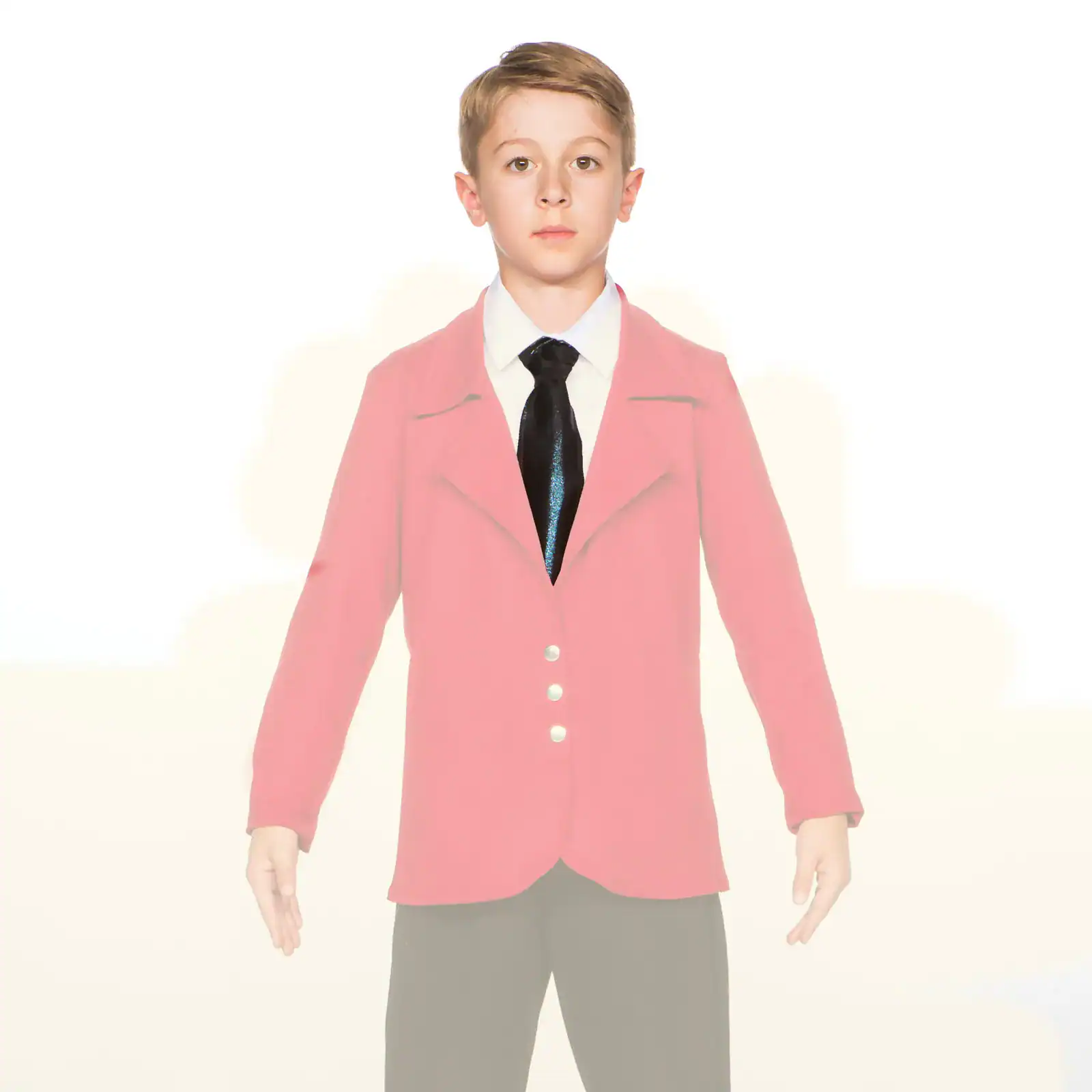 Boy wearing pink blazer, white shirt, and black tie
