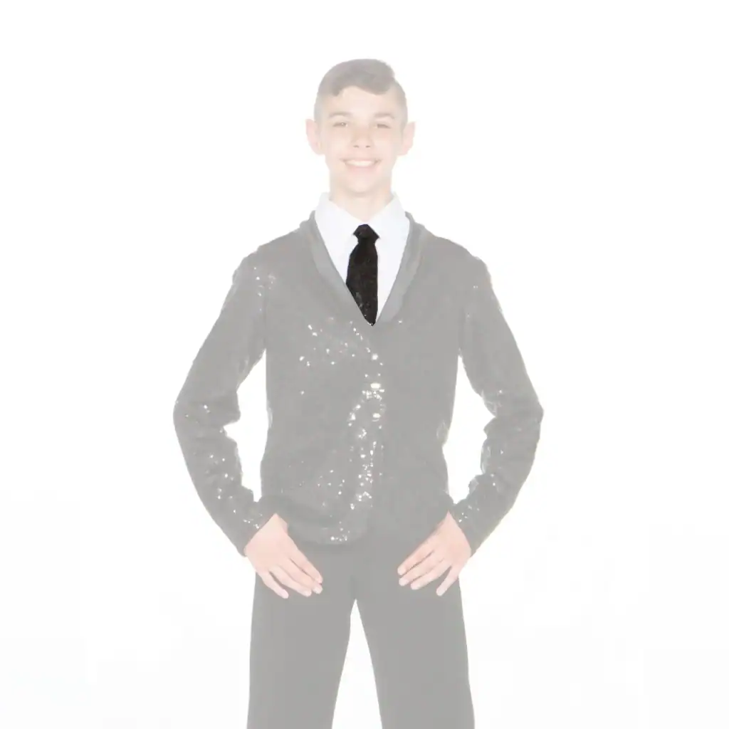 Smiling boy in sequined jacket, white shirt, and black tie
