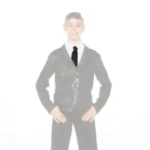 Smiling boy in sequined jacket, white shirt, and black tie