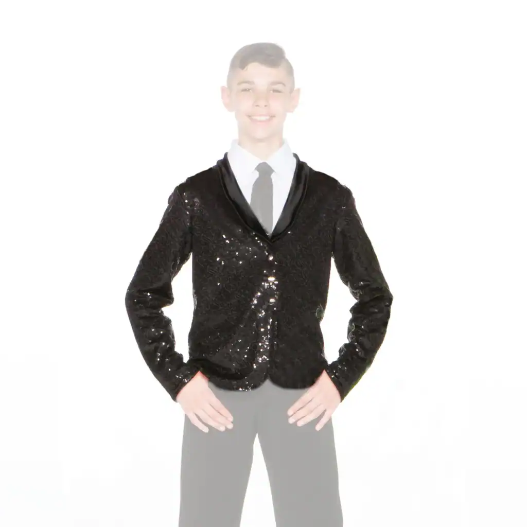 Smiling boy wears a black sequined formal jacket.