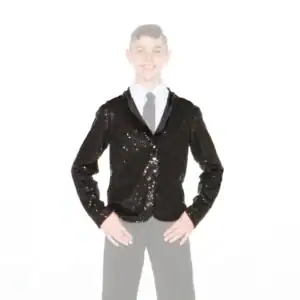 Smiling boy wears a black sequined formal jacket.