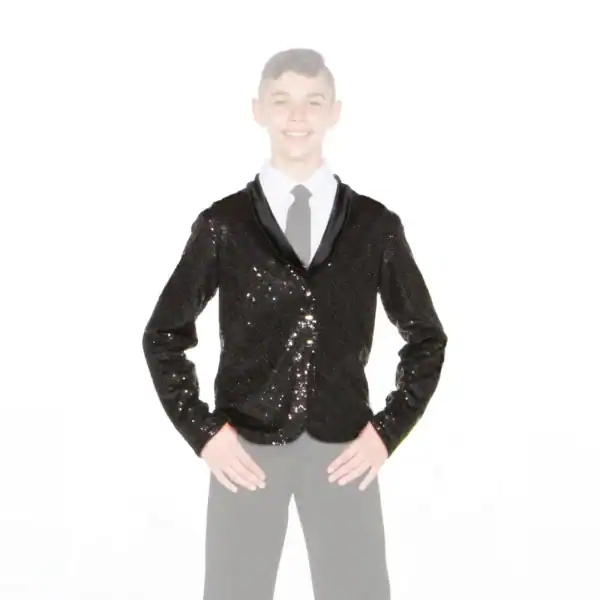 Smiling boy wears a black sequined formal jacket.