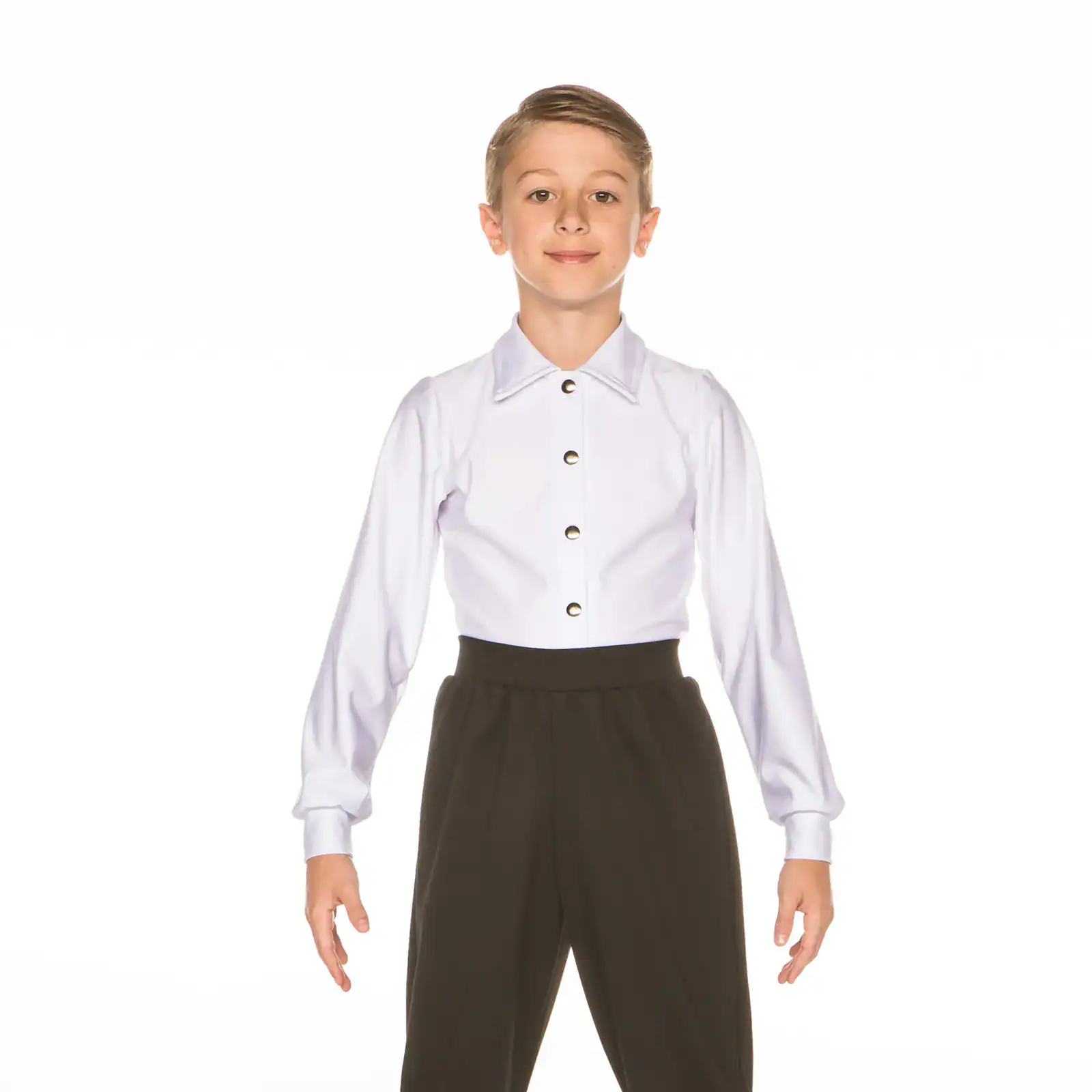 Child wearing white button-up shirt and black pants