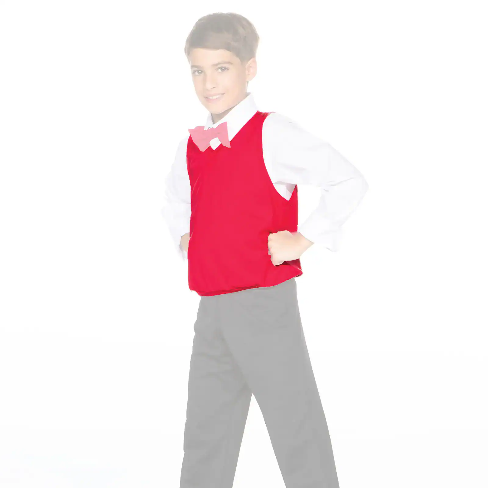 Smiling boy in red vest and bow tie