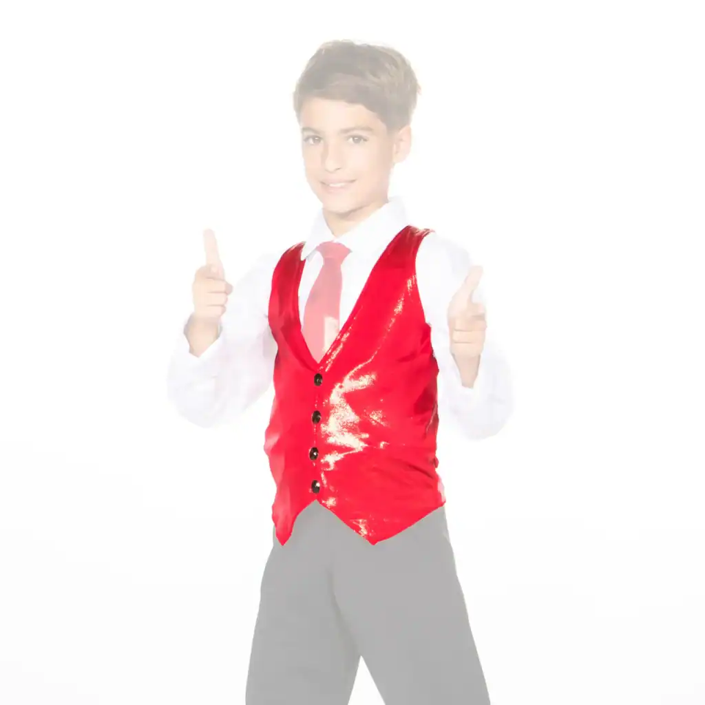 Smiling boy in red vest gives two thumbs up