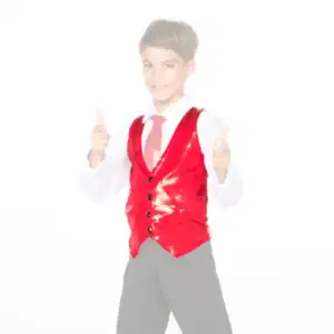 Smiling boy in red vest gives two thumbs up
