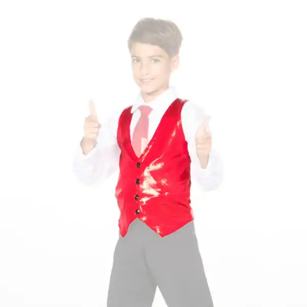 Smiling boy in red vest gives two thumbs up