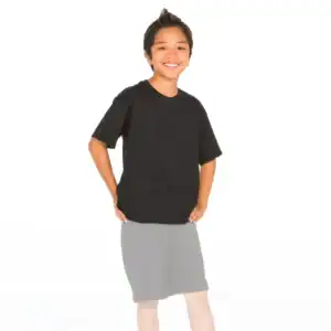 Smiling child wearing black T-shirt and gray shorts