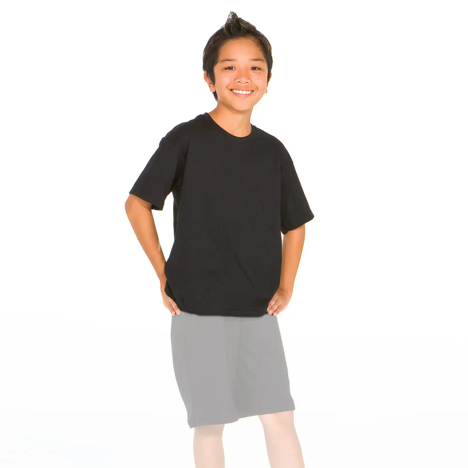 Smiling child wearing black T-shirt and gray shorts