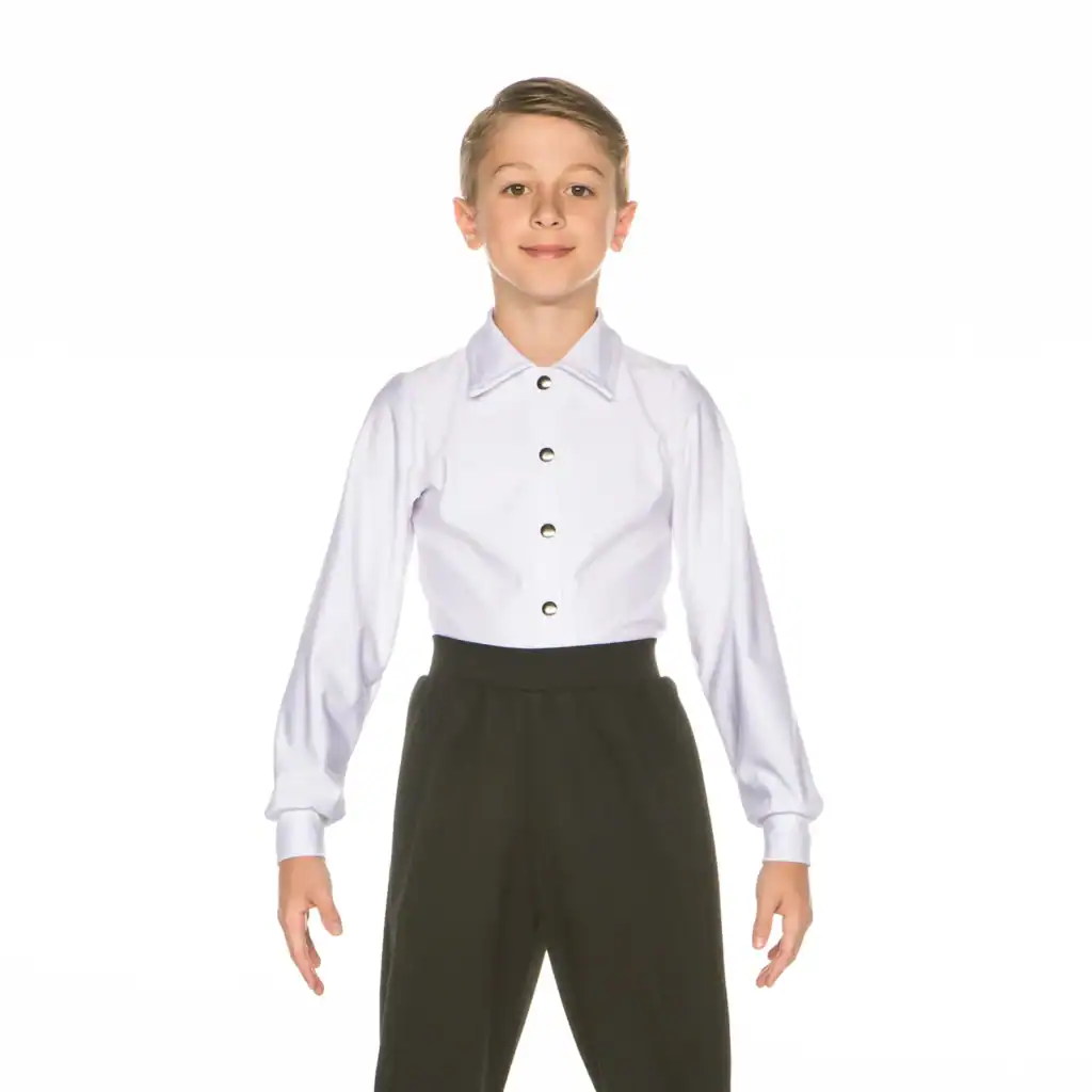 Boy wearing white button-up shirt and black pants