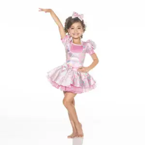 Girl in pink dance costume posing with raised arm