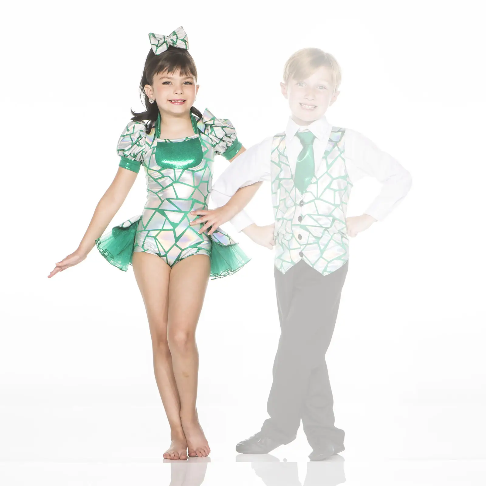 Young dancers in matching green-and-silver costumes
