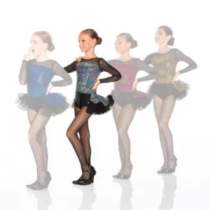 Young dancer in a sequined costume with pose variations