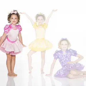 Three young girls posing in colorful princess dresses