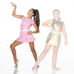 Two smiling dancers in pink and gold dresses