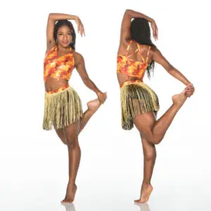 Dancer modeling fiery orange top and gold fringe skirt
