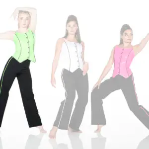 Three women modeling colorful vests and black pants
