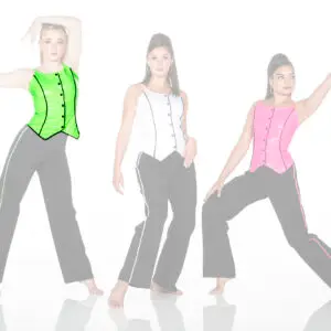 Three women model colorful vests and black pants.