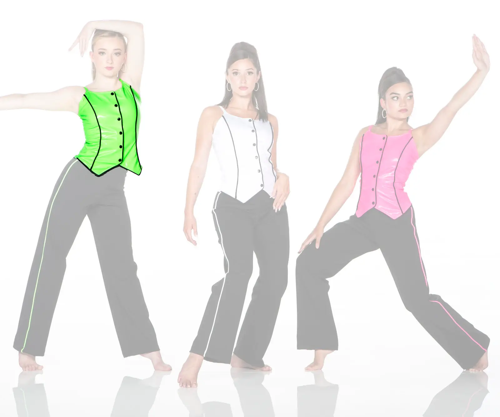 Three women model colorful vests and black pants.