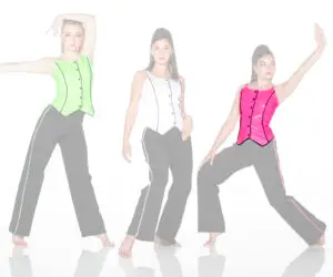 Three women model colorful dance outfits against a white background.