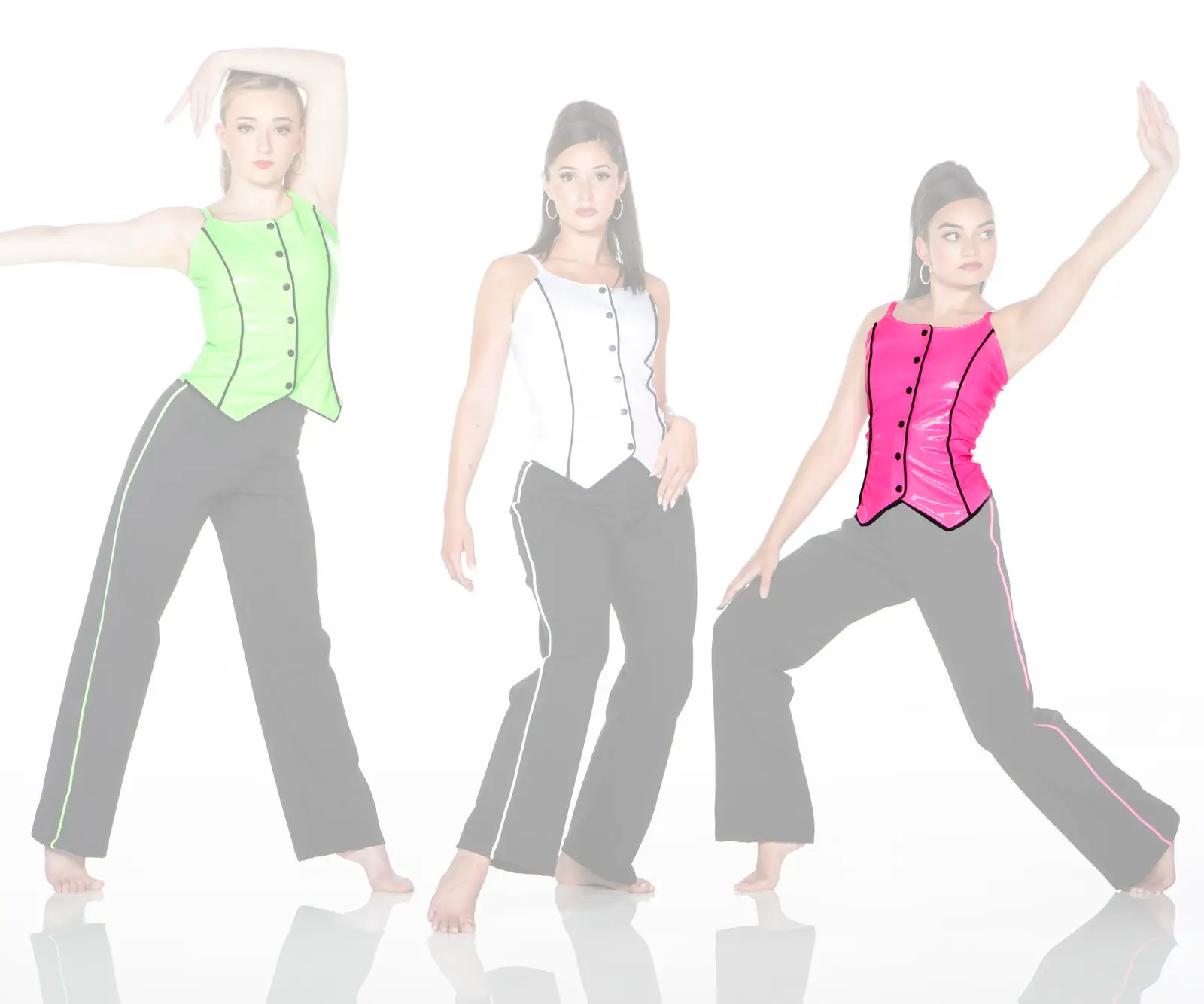 Three women model colorful dance outfits against a white background.