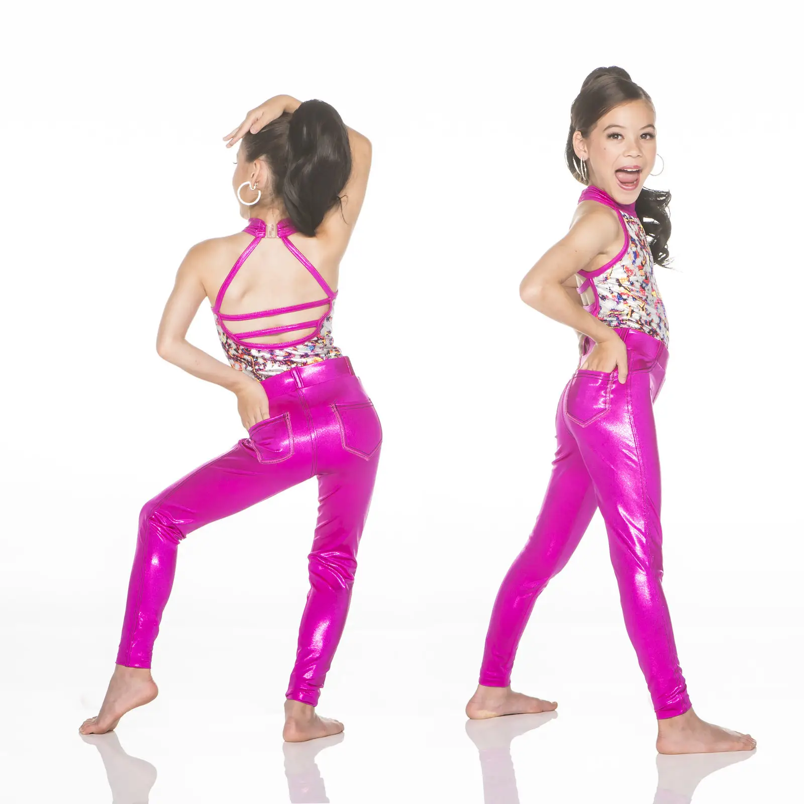 Girl modeling shiny pink dance pants and patterned top
