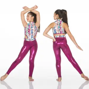 Model wearing colorful crop top and metallic magenta leggings