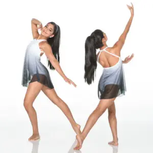 Woman in white dance costume posing front and back