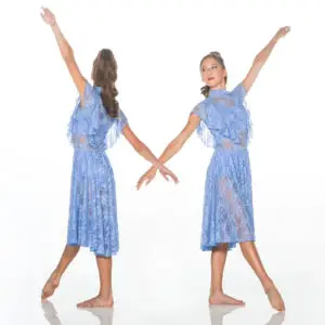 Girl modeling blue lace dance dress, front and back views