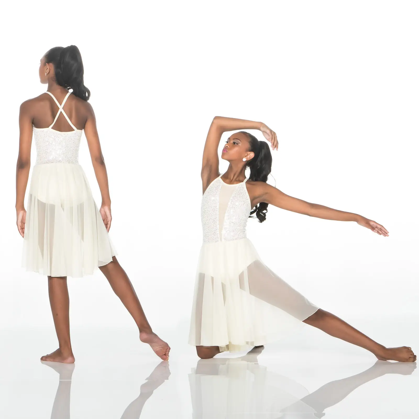 Dancer modeling white embellished lyrical dance dress, front and back views