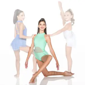 Three young dancers posing in colorful leotards against white background.