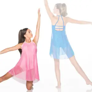 Two young dancers in pink and blue flowing dresses